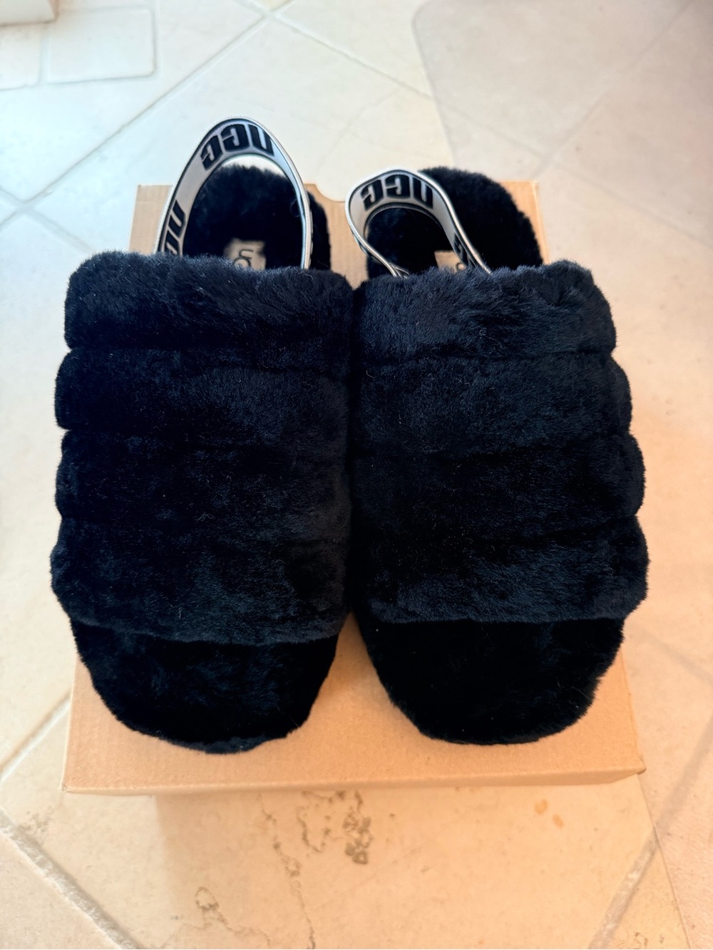 UGG Black Fuzz Slide Sandals with Branded Elastic Heel